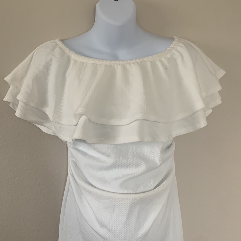 Pinkblush White Waffle Knit Off Shoulder Ruched Maternity Dress - Picture 4 of 12